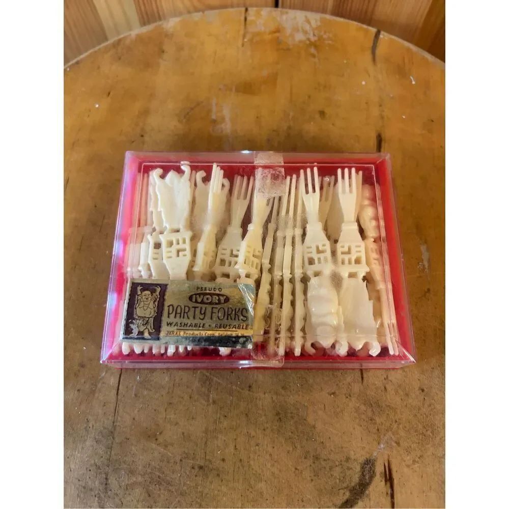 Pseudo IVORY Party Forks HAPPY BUDDHA Jeral Products Appetizer Fork USA 1960'S (
